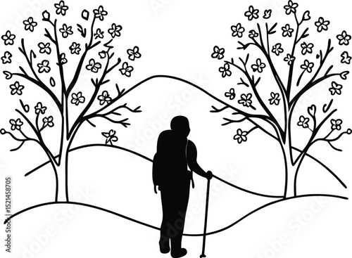 Silhouette Hiker's Journey Through a Spring Landscape with Blossoming Trees