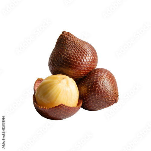 Salak fruit isolated on white background, exotic snake fruit with brown scaly skin and peeled flesh, fresh tropical salak fruit isolated image, salak fruit isolated photo