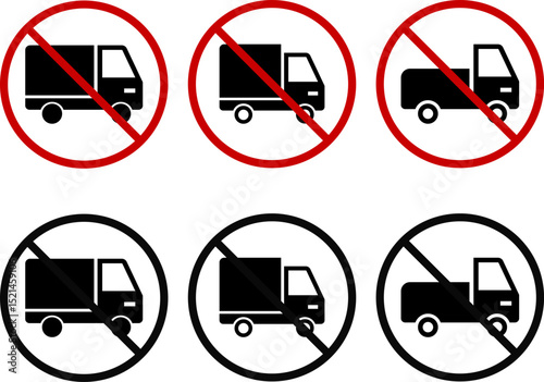 no delivery truck icon. Parking prohibited symbol. No parking. indicating vehicle prohibition restriction. Red prohibition sign. Stop sign
