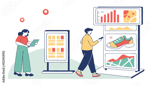 Illustration of people interacting with digital displays showing data charts and product information on screens