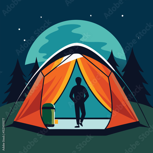 Moonlit Night Camping: Silhouette in an Orange Tent
