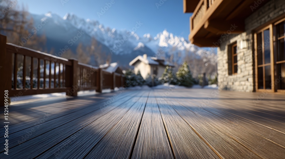 mockup of sunlit wooden deck with blurred mountain chalet and snow peaks, perfect lighting, realistic and cinematic style mockup of sunlit wooden deck with blurred mountain chalet and snow peaks, perfect lighting, realistic and cinematic style