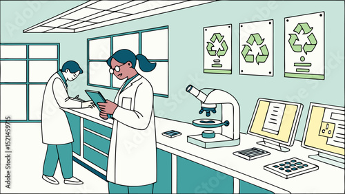 Two scientists in a laboratory setting with equipment and recycling posters on the wall working together
