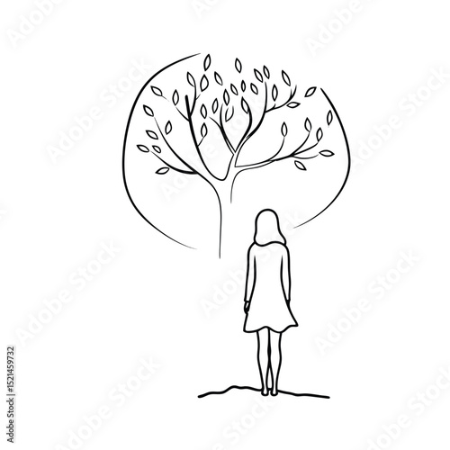 Woman standing before a tree continuous line drawing minimalist illustration