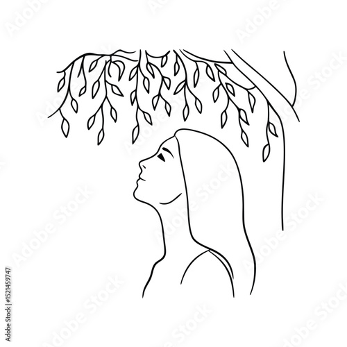 Woman under a tree continuous line drawing peaceful nature scene