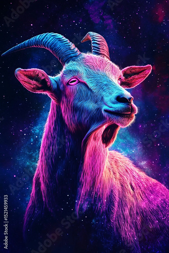 A striking, neon-colored goat gazes peacefully into the starry expanse of the cosmic universe.