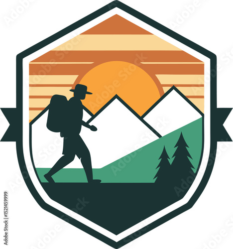 Hiker Silhouette on Mountain Trail with Sunset Badge