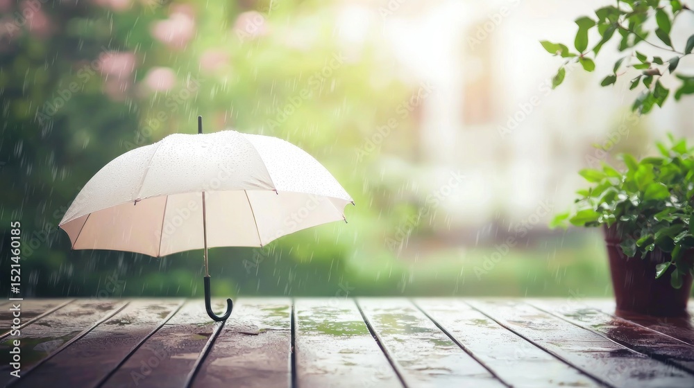 custom made wallpaper toronto digitalA white umbrella with pink polka dots stands open on a wooden deck, catching raindrops as it rains outside.