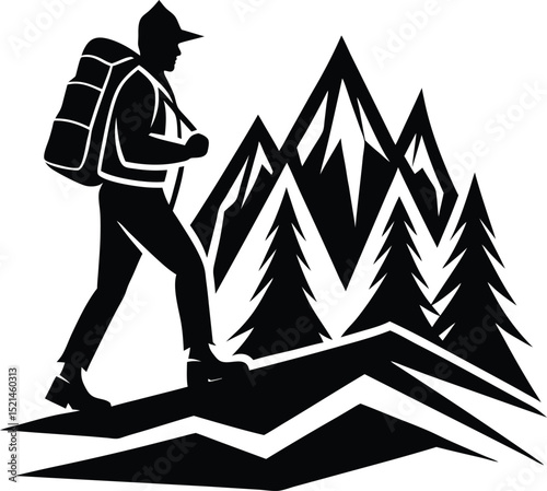 Silhouette Hiker Ascends Mountain Trail Amidst Pine Forest