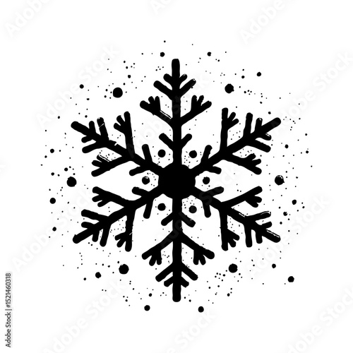Stylized black Christmas snowflake with ink splatter effect, hand-drawn style on white background, representing winter and seasonal design