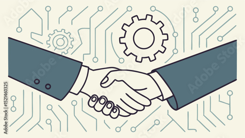 Illustration of a handshake in front of a circuit board with gears symbolizing technology deal making