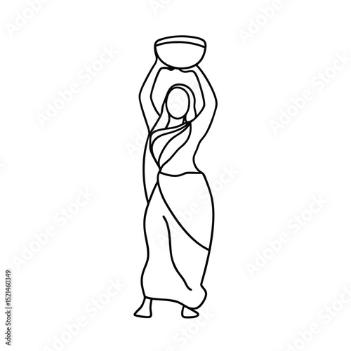 Woman in sari carrying a bowl continuous line drawing
