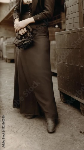 Period woman in dark skirt suit poses outdoors near wooden crates in neutral tone vintage style
