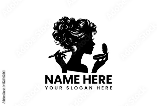 Minimalist vector logo of elegant woman applying cosmetic makeup with brush and mirror  