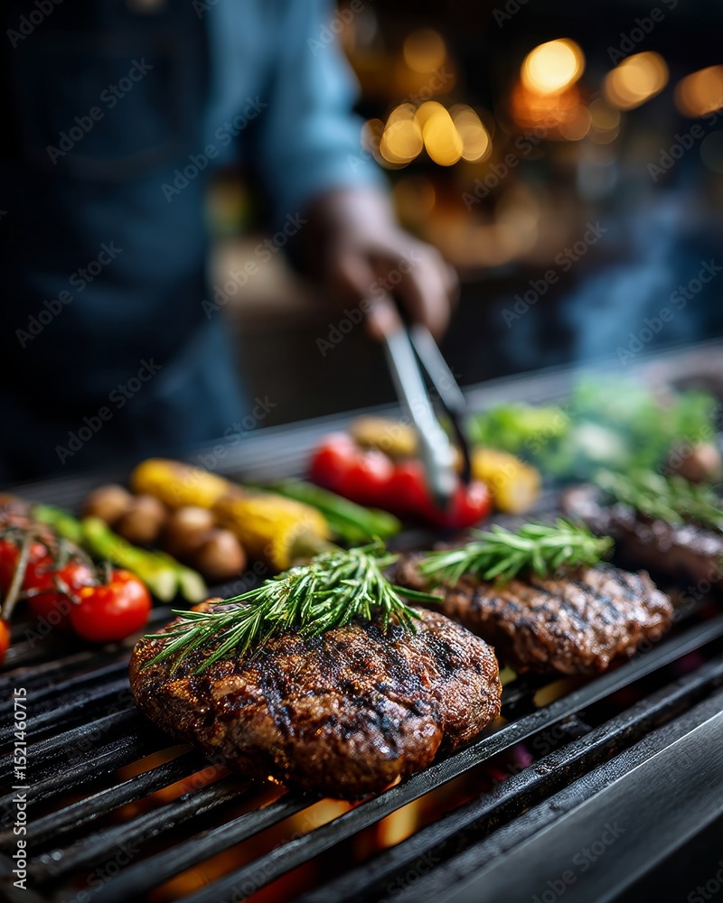 Close-up of a professional grill displaying assorted sizzling meats and vegetables Close-up of a professional grill displaying assorted sizzling meats and vegetables