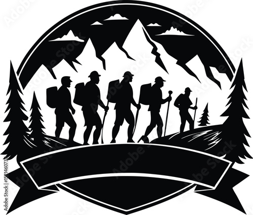 Silhouetted Hiking Team Ascends Mountain Trail