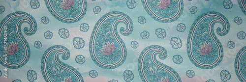 Seamless Light Blue Paisley Pattern with Floral Motifs – Pastel Folk Art Design

