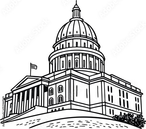 Vector illustration of European and American landmark city hall and church architecture, including the capitol and cathedrals