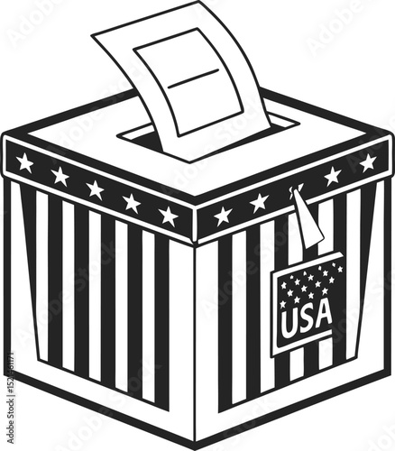 Three-dimensional vector icon illustration of a ballot box with a flag design
