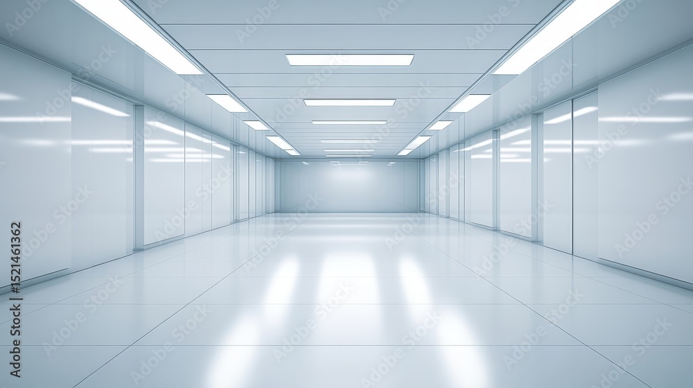 Fototapeta premium Bright, Spacious Modern White Room with Glossy Floor and Spotlights, Ideal for Minimalist Studio Use