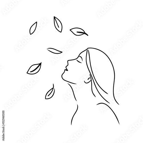 Woman inhaling fresh air continuous line drawing autumn leaves
