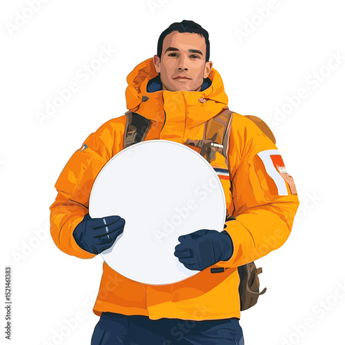 Outdoor Portrait of Man in Orange Parka Holding a White Circle Against a Clean Background with Snow in a Winter Setting
