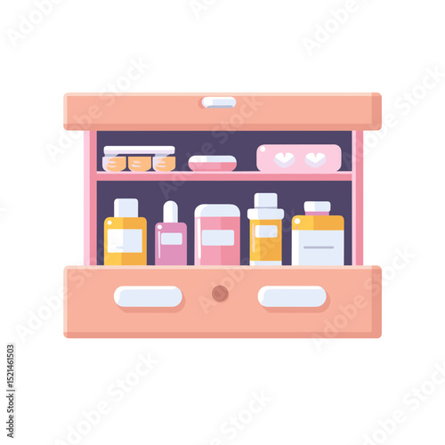Pastel Pink Cabinet with Various Bottles and Jars Stored Neatly on Shelves with Retro Home Interior Design