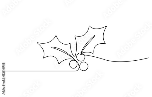 Christmas plant in continuous line drawing style. Line art of holly leaves with berry, Christmas plant for greeting cards, poster, sticker, logo, Vector illustration.