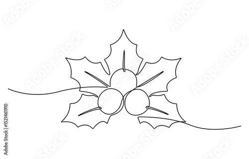 Christmas plant in continuous line drawing style. Line art of holly leaves with berry, Christmas plant for greeting cards, poster, sticker, logo, Vector illustration.