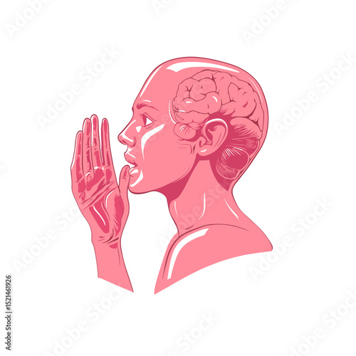 Pink Silhouette of Woman with Hand Raised to Ear Featuring Brain on White Background