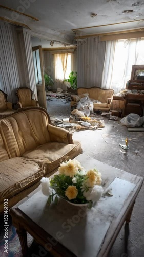 Abandoned living room with sofas and flower arrangement showing a post-apocalyptic theme, ruin and decay.