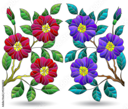 A set of stained glass illustrations with floral arrangements, flowers isolated on a white background