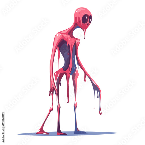 Pixel Art Illustration of a Dripping Pink Alien Creature Isolated on White Background Sci-Fi Cartoon Character with a Slimy Liquid Texture