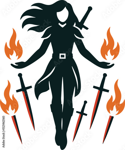 Mystical Female Warrior with Floating Swords and Fire – Vector Silhouette Illustration