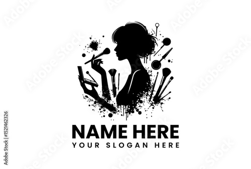 Stylish beauty logo featuring woman's silhouette applying makeup with brush and compact  