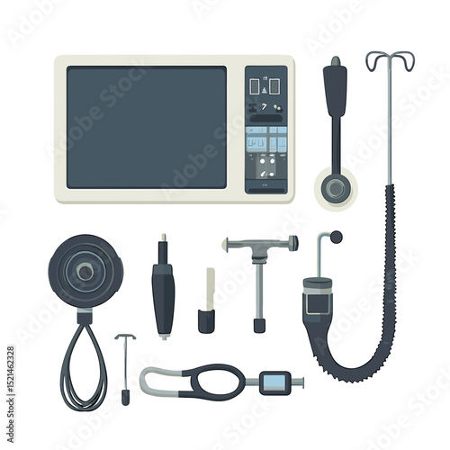 Pixel Art of Medical Examination Tools on a White Background Featuring Monitor Sphygmomanometer Otoscope Stethoscope and IV Stand for Diagnostics