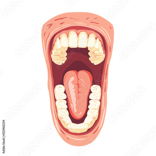 Pixel Art of Open Human Mouth with Teeth and Tongue Anatomy Illustration in White Background