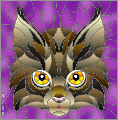 The illustration in stained glass style painting with a lynx's head on a purple background