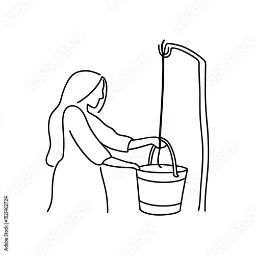 Woman drawing continuous line pulling water bucket well