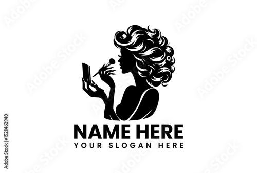 Stylish beauty logo featuring woman's silhouette applying makeup with brush and compact  