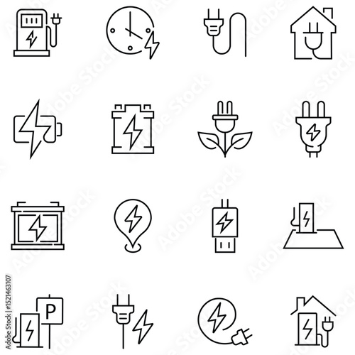 Line icons about battery charging. Collection of modern charge, battery, energy, electricity, charger, recharge, electric car and charging station icons. Electric power symbol. Vector illustration.
