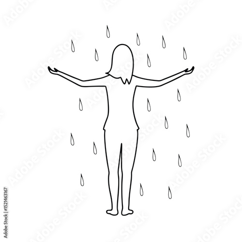 Woman silhouette rain embrace continuous line drawing