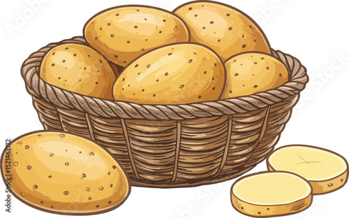 Potato in Wicker Basket Design on White Background