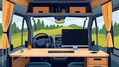 Camper van interior with workstation overlooking scenic landscape