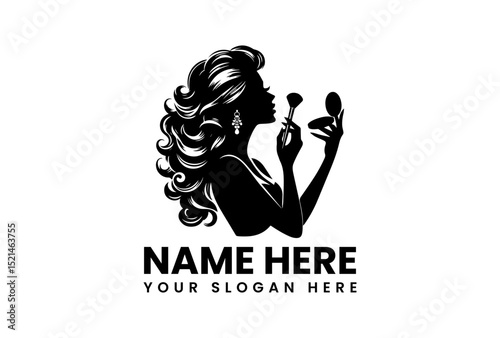 Elegant silhouette vector logo of sophisticated woman applying makeup with brush and compact mirror  