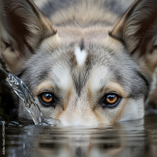 Close-up Portrait of a Dog Drinking Water, Detailed Eyes and Fur