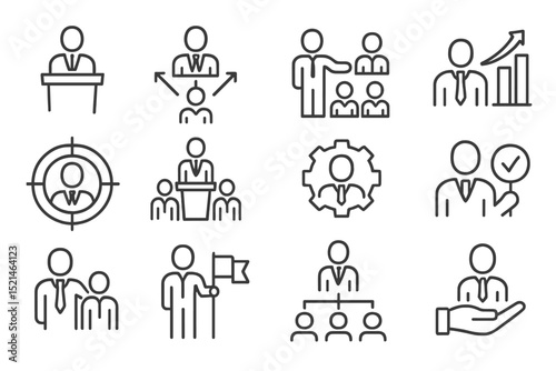 Icons of leadership and management showing various business activities in an office setting during daytime hours