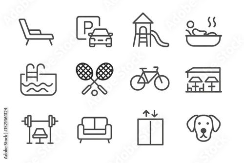 Collection of activity icons representing leisure, fitness, and recreational activities in a community setting