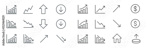 Various financial icons representing market trends and performance in a minimalist design ideal for business presentations and reports