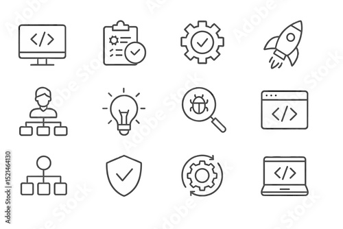 Design and development icons representing technology, coding, and innovation in a minimalist style